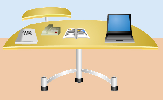 På bilden syns ett skrivbord. Och på det finns en dator, en telefon, en kalender och dokument.