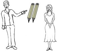 Illustration: En man, en kvinna och två blyertspennor