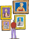 Illustrationen visar en man som står och kollar på några tavlor på ett museum.